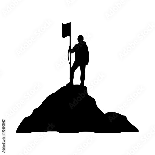 A lone figure plants a flag at the peak of a mountain Vector