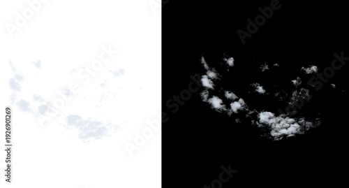 Photography Multiple white clouds on black background with varied shapes and textures isolat