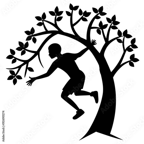 A silhouette of a person climbing a large leafy tree Vector