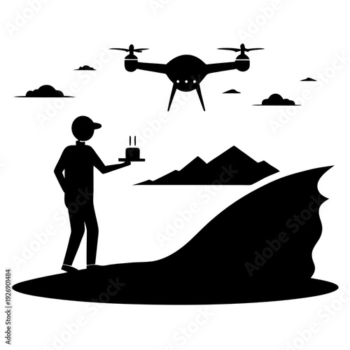A child controlling a drone over a scenic mountain landscape Vector
