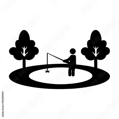 Person fishing in a small inflatable pool in a surreal setting Vector