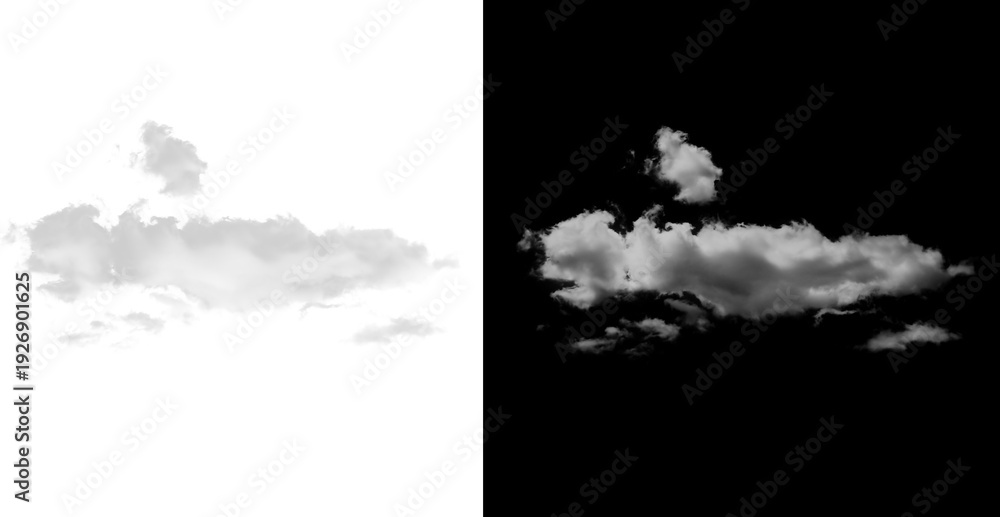 Fototapeta premium Fluffy white clouds on black and transparent backgrounds side by side