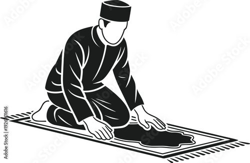 Person in Black Clothing Kneeling on Prayer Rug in Islamic Prayer Position robe