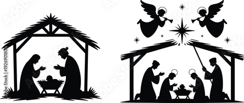 Silhouette of nativity scene with angels and star in the sky