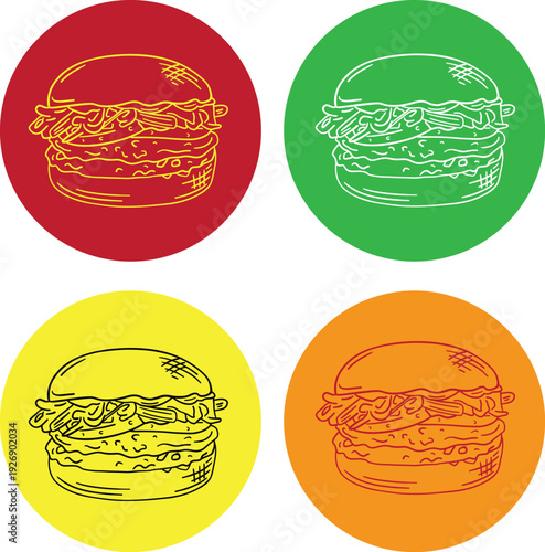 Hamburger line art icon buttons in primary restaurant colors, vector illustrations in a hand drawn style for menus