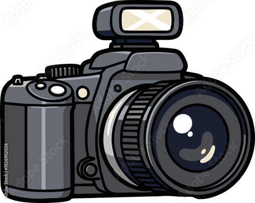 A detailed illustration of a modern digital single-lens reflex camera with an attached flash unit.