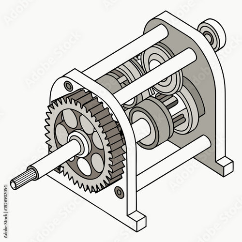 Isometric illustration of a mechanical gearbox with gears, shafts, and bearings. Technical schematic for engineering and industry.