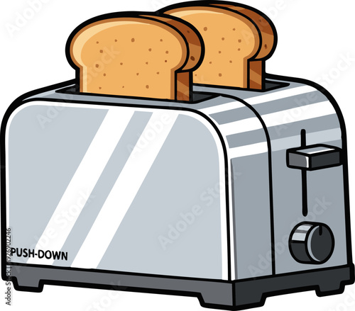 A shiny silver toaster with two slices of perfectly browned toast popping out, ready for breakfast.