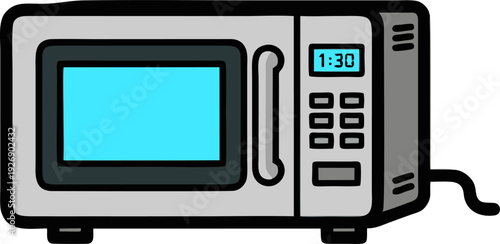 A cartoon illustration of a microwave oven with a digital clock displaying 1 -30.