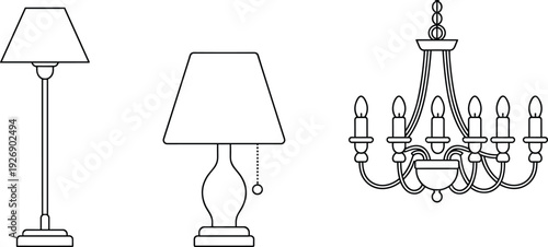 Three Different Types of Lamps Including a Floor Lamp, Table Lamp, and Chandelier light