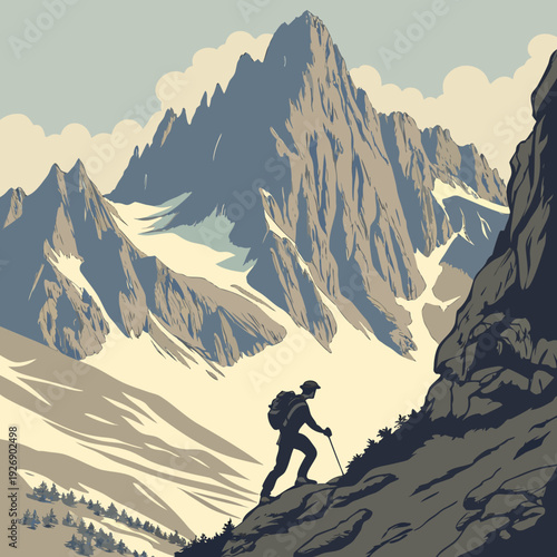 Silhouette of a lone hiker with backpack and trekking poles ascending a steep rocky mountain path, epic mountain peaks in background.