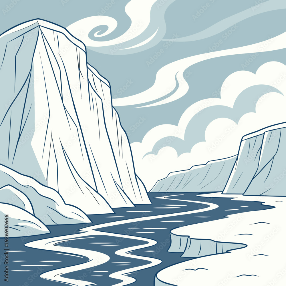 Φωτογραφία Stylized arctic landscape with icy cliffs and winding river under cloudy sky