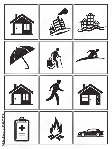 Icons of various aspects of daily life and emergency situations Vector