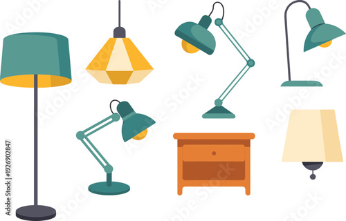 Various lamps and a wooden table with drawers in a minimalist style lighting desk lamp floor lamp