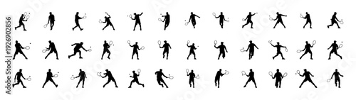 Set of professional tennis player silhouettes, athletes in various action poses including serving forehand and backhand strokes vector collection.