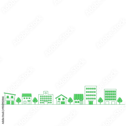 街並みのイラストのバナー背景　手描き風　正方形　緑