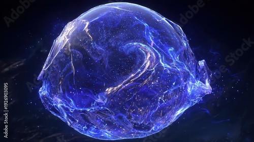 Abstract Blue Sphere with Luminous Particles Floating in Dark Space