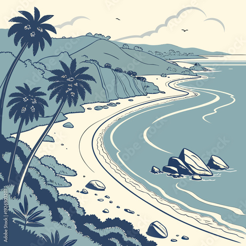 Coastal landscape illustration with a winding road along the shore, featuring palm trees and rocky outcrops against the sea.