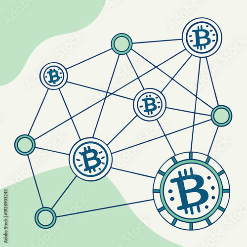 Abstract digital art representing a blockchain network with interconnected Bitcoin symbols and nodes.