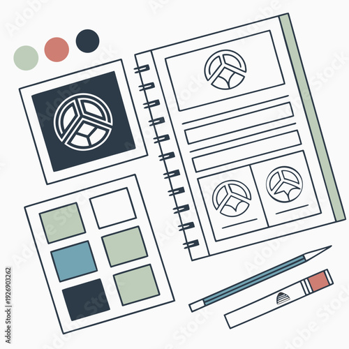 Flat lay of graphic design tools and mood board with color swatches and notebook for creative branding project