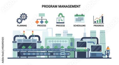 Program Management Workflow with Industrial Production Line Infographic