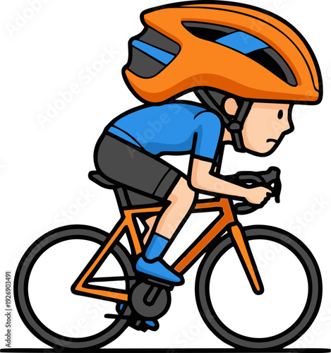 Cartoon illustration of a male cyclist riding a road bike with an orange helmet.