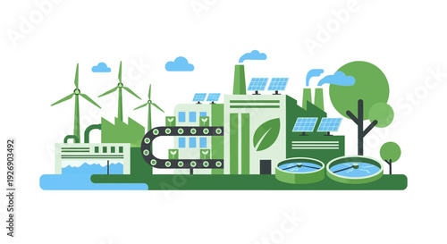 Sustainable Green Factory: Eco-Friendly Industrial Production with Solar Panels, Wind Turbines & Clean Energy Technology