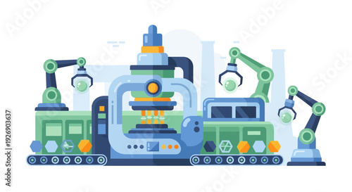 Smart Factory Automation: Robotic Arms, Conveyor Belts, and Advanced Manufacturing Machinery in an Industrial Production Line Illustration