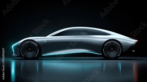 Futuristic silver electric concept car with blue neon ambient light
