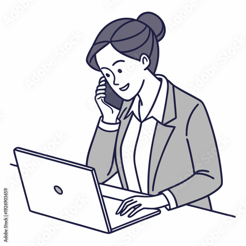 Busy Woman on Phone and Laptop, Working Efficiently in Modern Office Setting