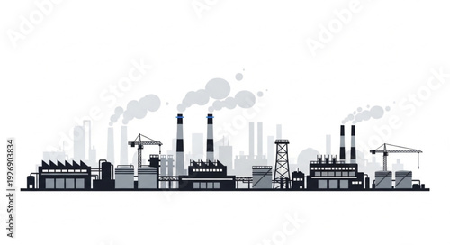 Industrial cityscape silhouette with factories and smoke stacks against white background.