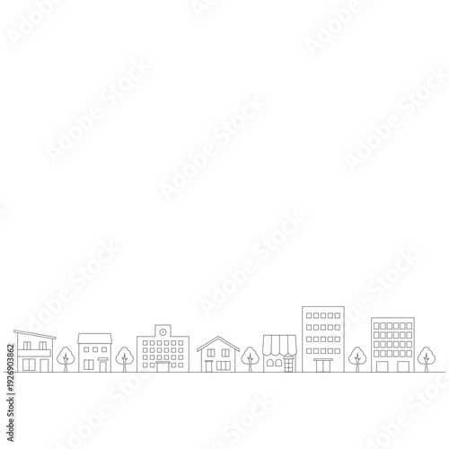 シンプルな街並みのイラストのバナー背景　線画　正方形