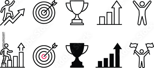 Success icons, achievement symbols, progress graphics, goal setting illustration, trophy design, business growth chart, celebration art, target icon, victory sign, motivation