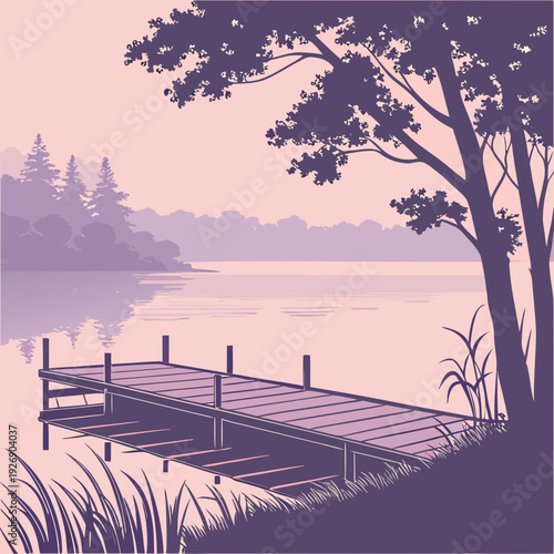 Tranquil lake scene at dusk with a wooden pier extending into the water, bordered by grass and trees under a soft pastel sky.