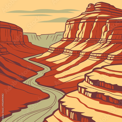 Stylized illustration of the Grand Canyon with a winding river flowing through dramatic red and orange rock formations under a muted sky.