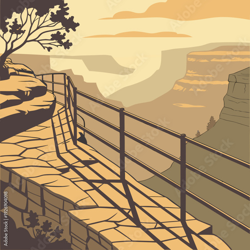 Scenic viewpoint of a vast canyon landscape with a stone pathway and railing, overlooking layered cliffs under a warm, hazy sky.