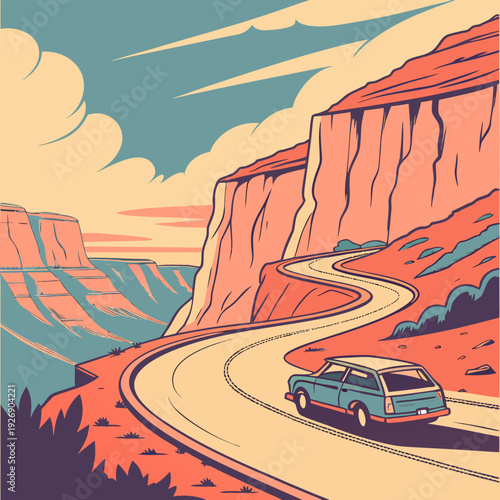 Vintage station wagon drives along winding road through scenic canyon landscape at sunset, retro travel illustration