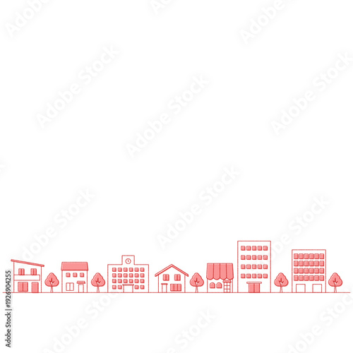 街並みのイラストのバナー背景　手描き風　正方形　赤