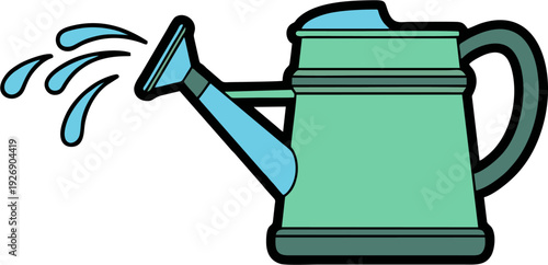 Green and Blue Watering Can Sprinkling Water Drops Illustration.