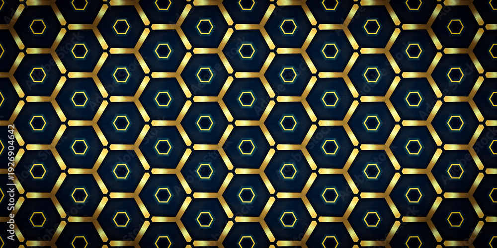 Fototapeta premium Luxury dark blue background with golden hexagonal grid and elegant metallic geometric pattern
