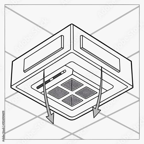 Isometric line drawing of a ceiling cassette air conditioning unit being serviced or cleaned, with tools and arrows