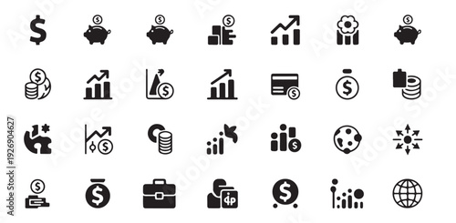 Business finance and investment solid icon set for financial data analysis and management