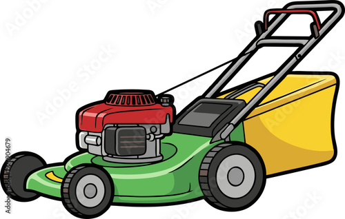 Green push lawn mower with red engine and yellow grass bag, ready for yard work.