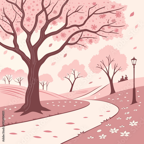 Stylized illustration of a vibrant spring landscape with blooming cherry trees, a winding path, and a lamppost, evoking a sense of beauty and renewal.