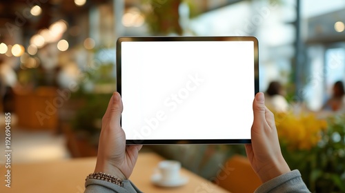 Hands holding blank tablet screen in cafe, mockup with copy space