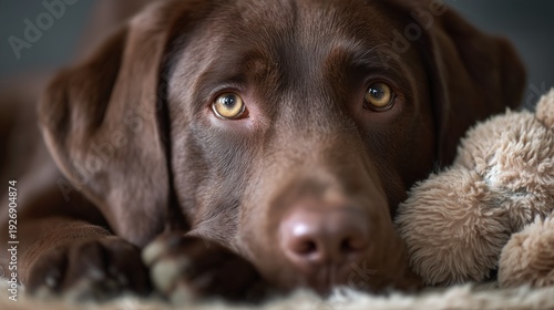 Chocolate labrador rests with gentle brown eyes