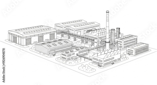 Detailed architectural illustration of a complex industrial facility with various structures.