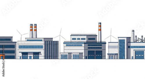 Industrial complex with factories and wind turbines generating clean energy.