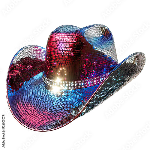 A shiny disco cowboy hat with colorful mosaic tiles and rhinestones