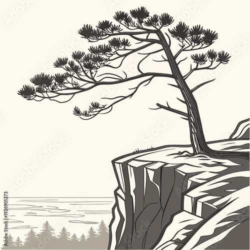 Silhouette of a solitary pine tree clinging to a rocky cliff edge above the ocean.